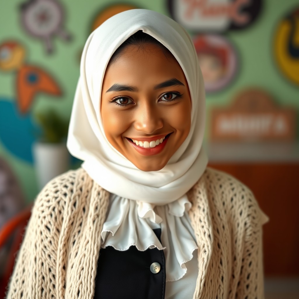 A young Indonesian woman with tanned olive skin and deep brown eyes, wearing a white hijab and smiling brightly