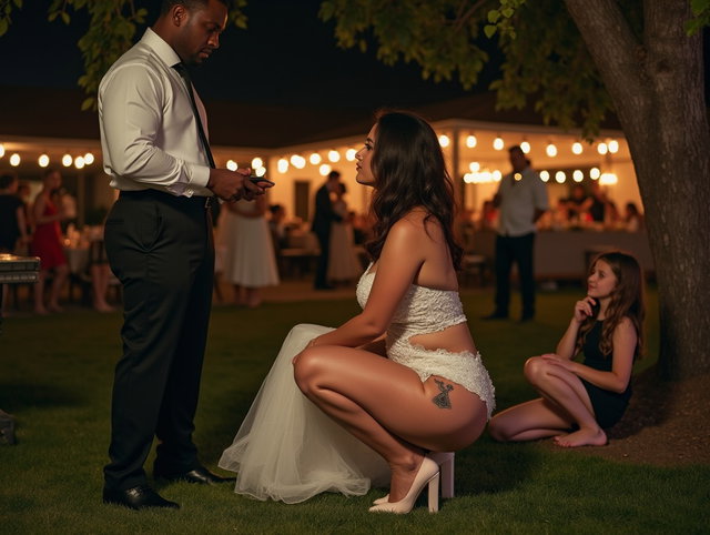 A young mature Latina woman with fair skin, wide hips, prominent buttocks, thick legs, and well-defined calves, wearing a very unconventional short and wide wedding dress