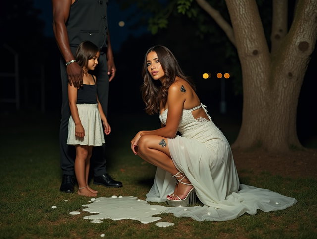 A young mature Latina woman with fair skin, wide hips, prominent buttocks, thick legs, and well-defined calves, wearing a very unconventional and short wedding dress