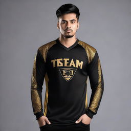 A sleek and simple full-sleeved e-sports jersey featuring a stark black base colour contrasted by striking gold accents and emblazoned with the name 'Team Maxtern' in bold letters.