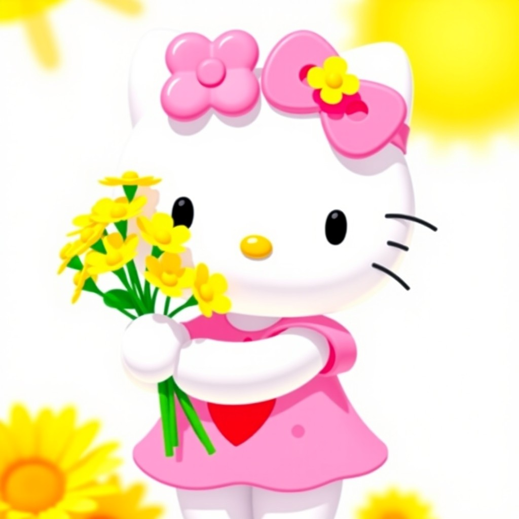 Hello Kitty holding a bouquet of yellow flowers, wearing a pink strawberry-themed dress and a pink bow on her head