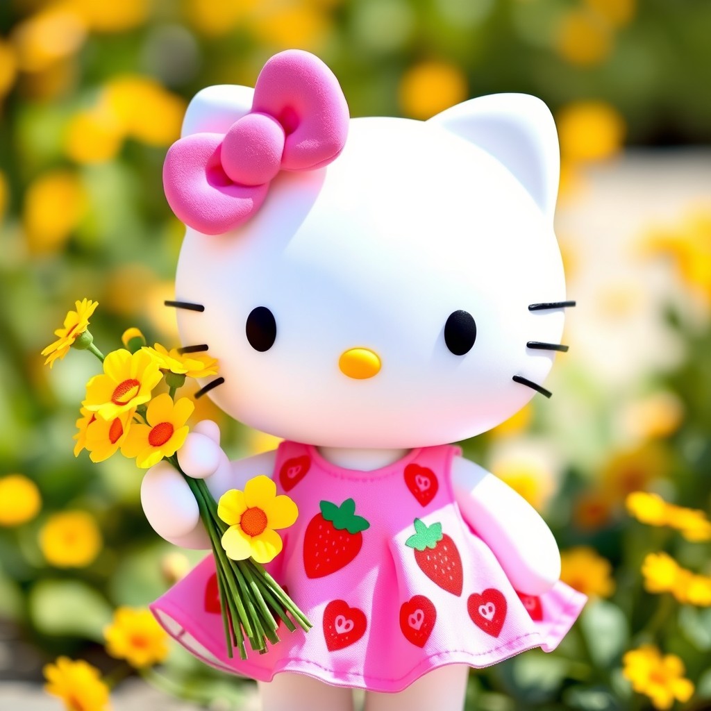 Hello Kitty holding a bouquet of yellow flowers, wearing a pink dress adorned with clearly visible strawberry patterns, and a single pink bow on her head