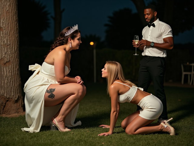 A young mature Latina woman with fair skin, wide hips, prominent buttocks, thick legs, and well-defined calves, featuring a tattoo of the ace of spades on her lower thigh