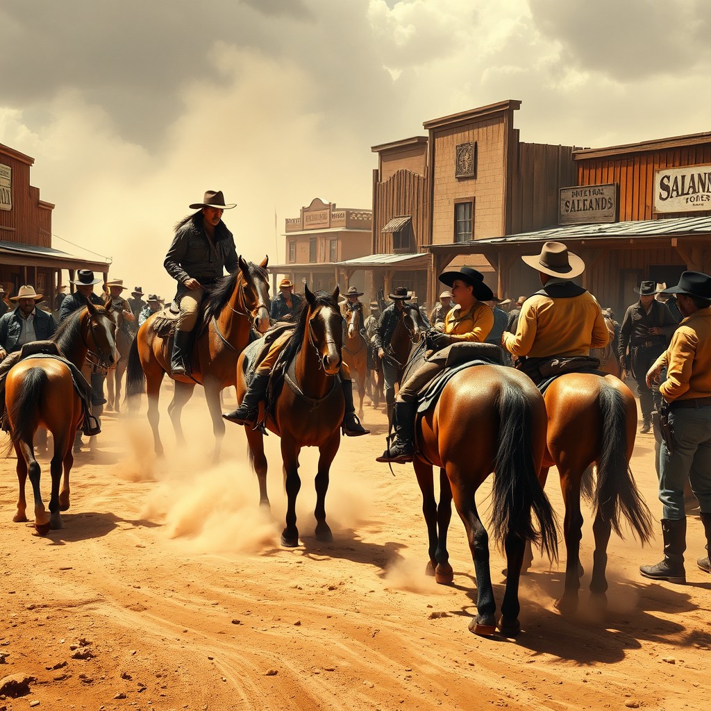 A dramatic scene set in a Wild West town depicting a group of cowboys facing off in the dusty streets