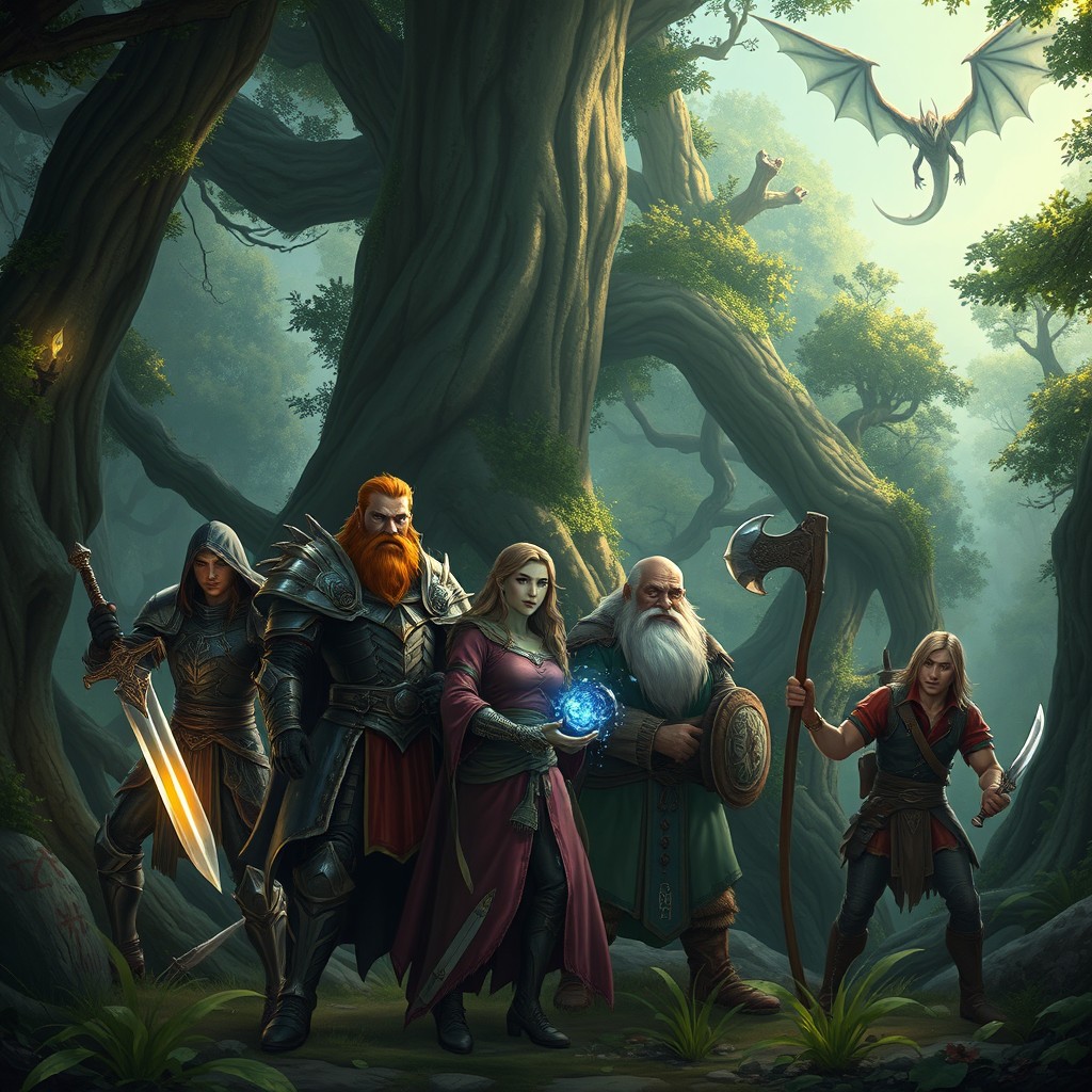 An epic fantasy scene set in a lush, enchanted forest, filled with towering ancient trees and shimmering magical lights