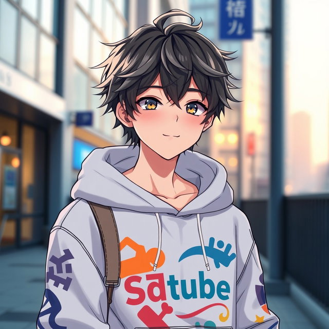 An anime boy embodying chill vibes, wearing a stylish SDtube hoodie