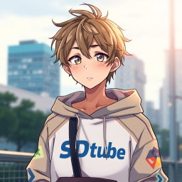 An anime boy embodying chill vibes, wearing a stylish SDtube hoodie