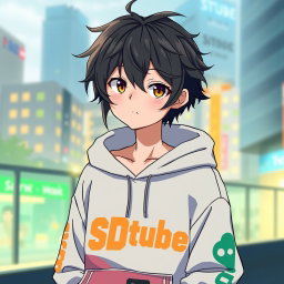 An anime boy embodying chill vibes, wearing a stylish SDtube hoodie