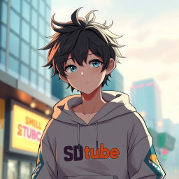 An anime boy embodying chill vibes, wearing a stylish SDtube hoodie