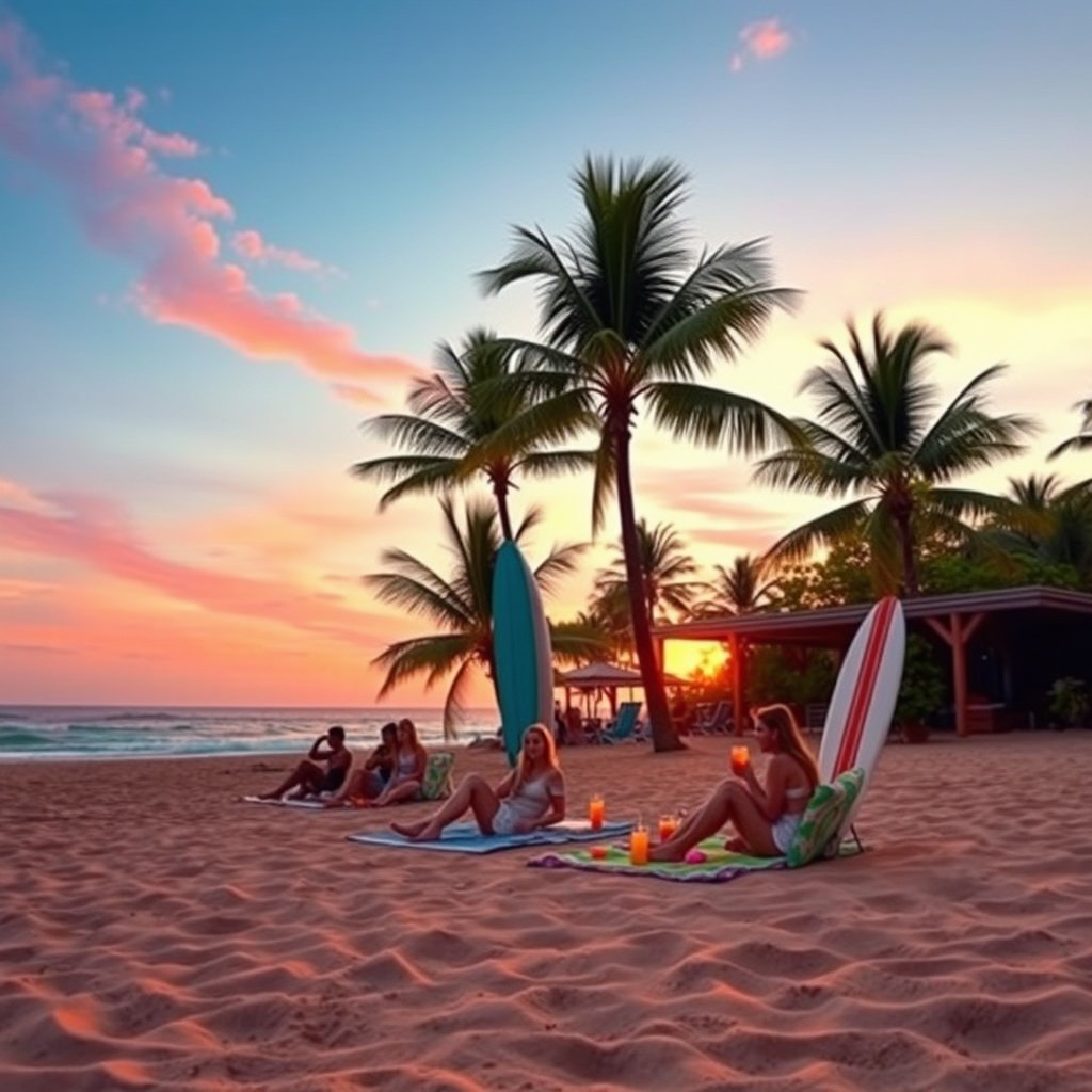 A vibrant scene reflecting chill vibes, featuring a cozy beach setting at sunset