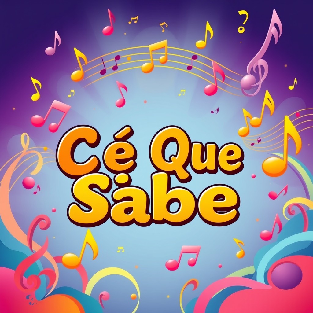 A vibrant and engaging illustration in a colorful and musical setting, prominently featuring the title "Cê Que Sabe" in bold, eye-catching typography