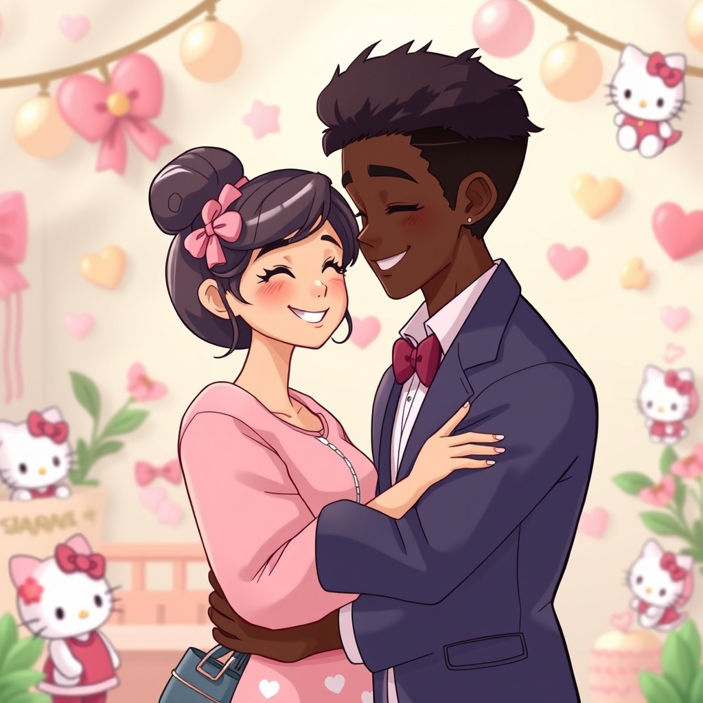A heartwarming scene set in a Sanrio-inspired world featuring a tall, dark-skinned boy and a short, fair-skinned girl who are deeply in love