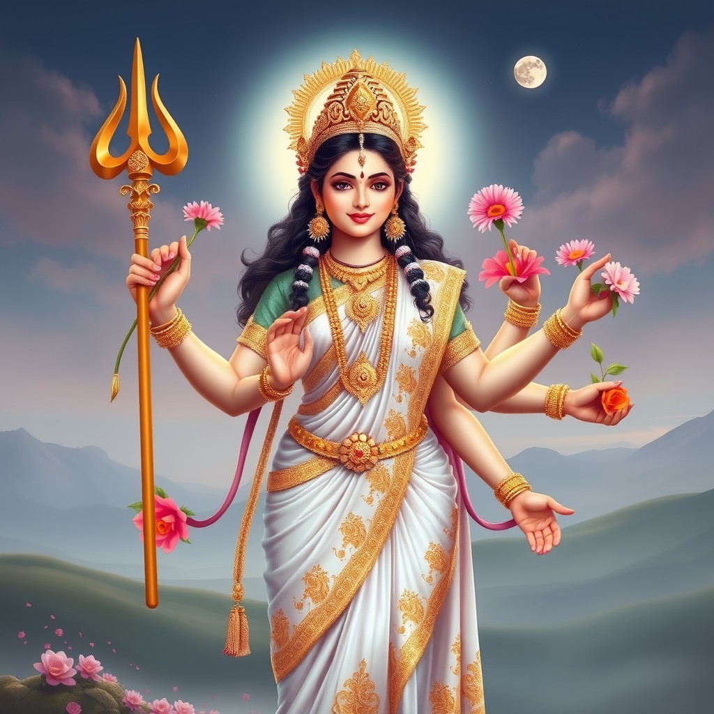 A stunning depiction of Mahagauri, a divine form of the goddess Durga symbolizing purity and beauty