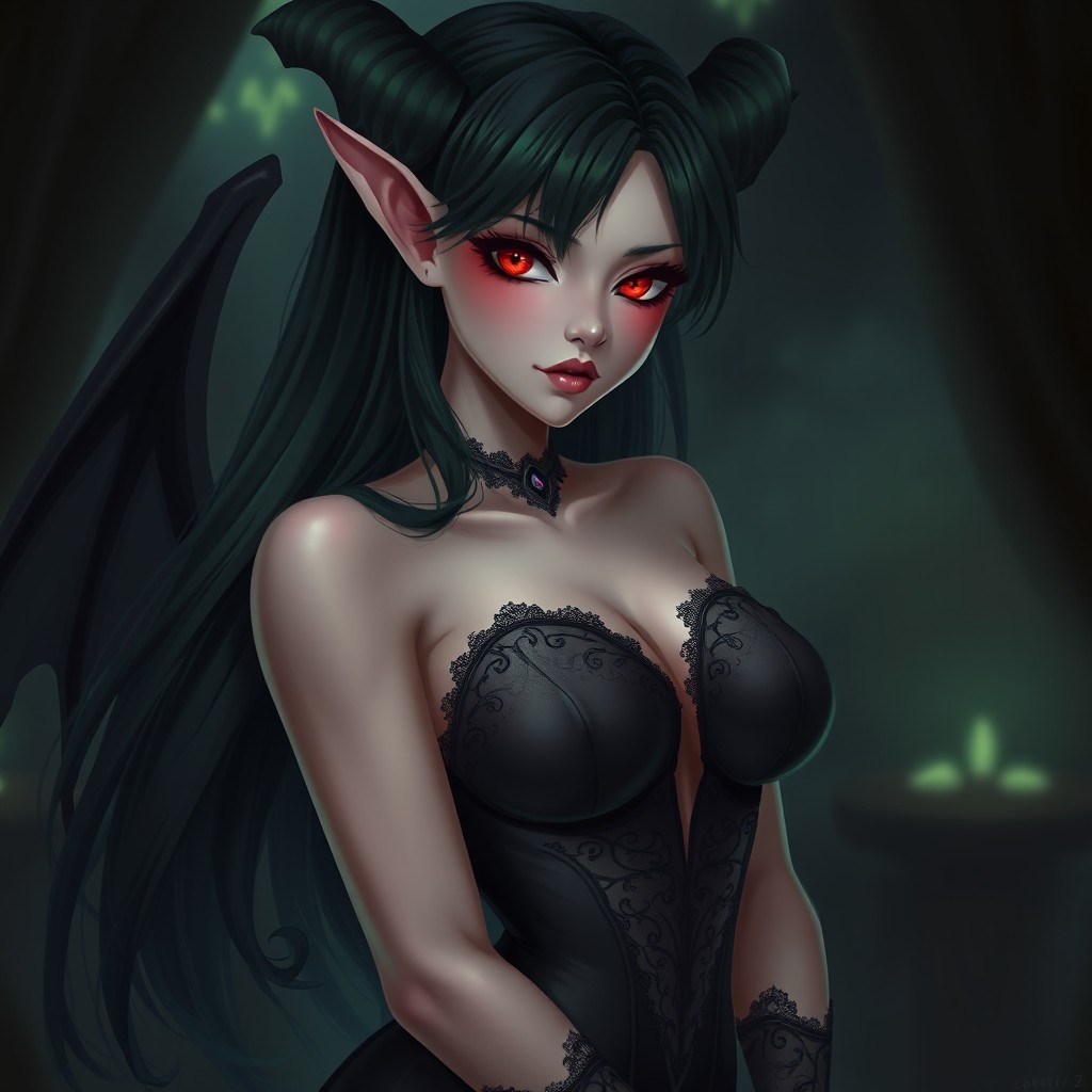 A captivating succubus character with alluring features, including long flowing dark hair with subtle green highlights, crimson eyes radiating an enticing glow, and elegantly pointed ears