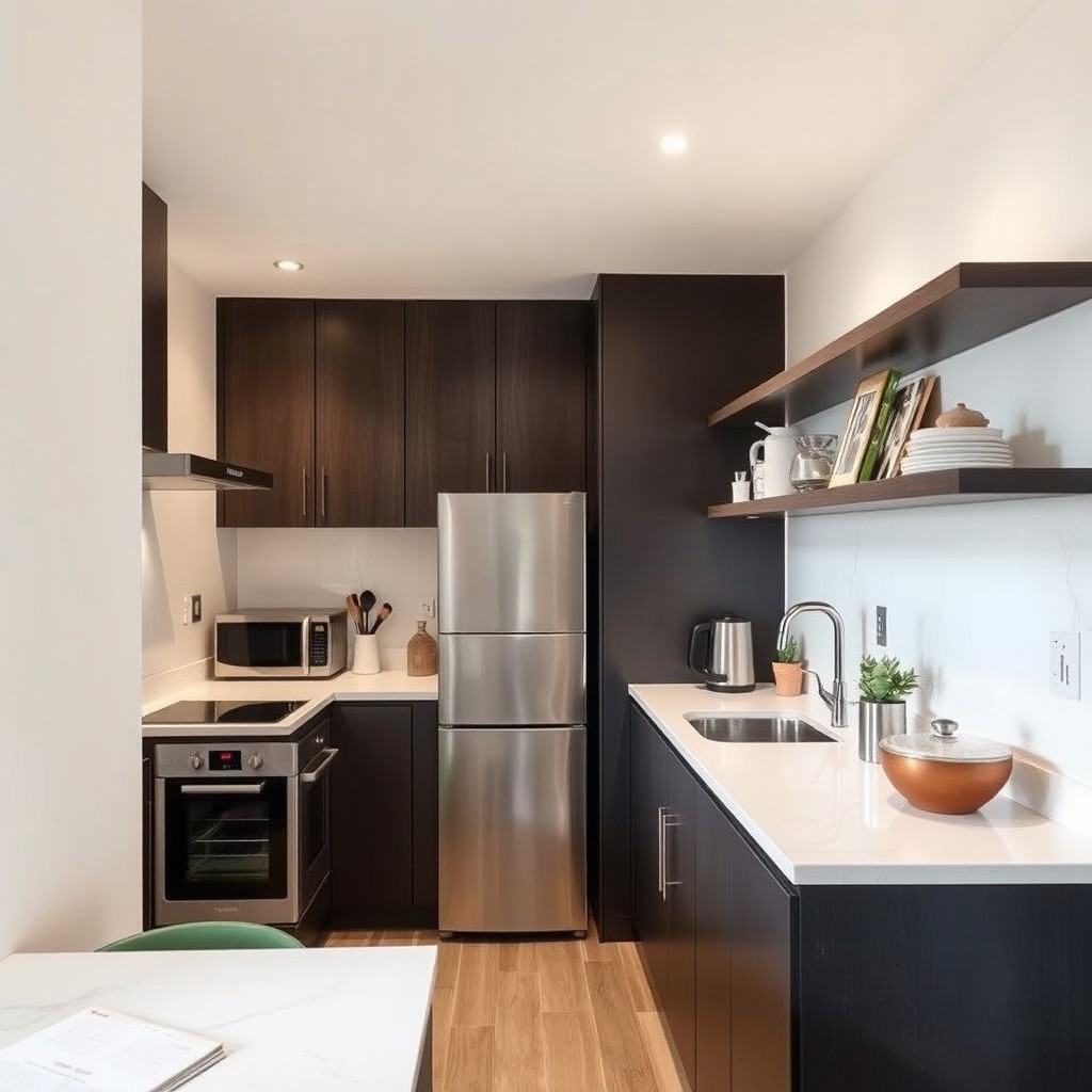 A small kitchen featuring a long parallel countertop