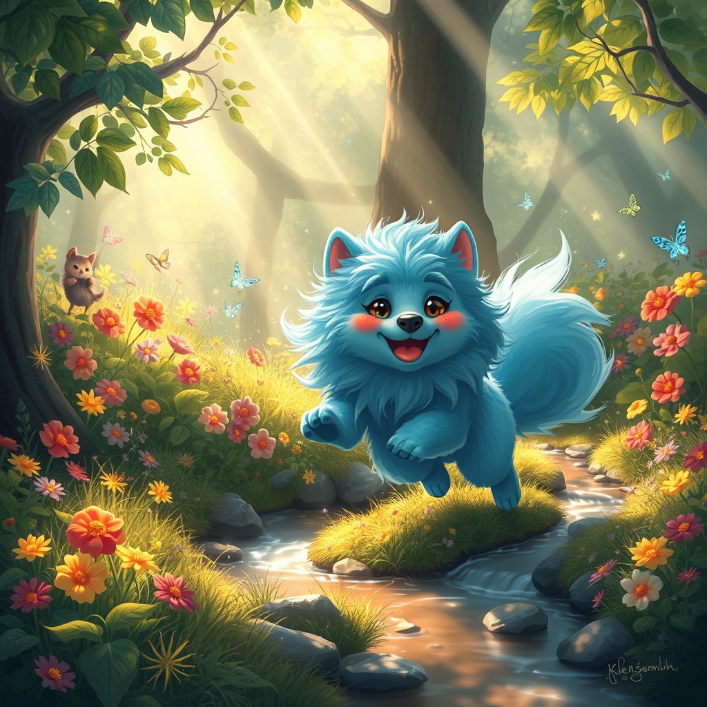 A whimsical fantasy scene featuring a Kelenci, a mythological creature resembling a large, fluffy dog with bright blue fur and a playful expression