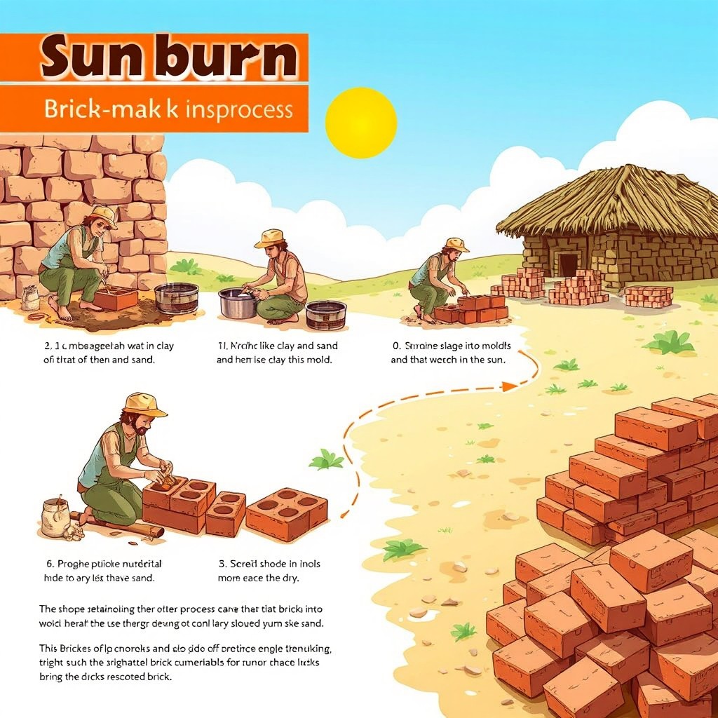 A detailed illustration of the sunburn brick making process depicting each step: gathering raw materials like clay and sand, mixing them, shaping them into bricks with molds, and placing them in the sun to dry