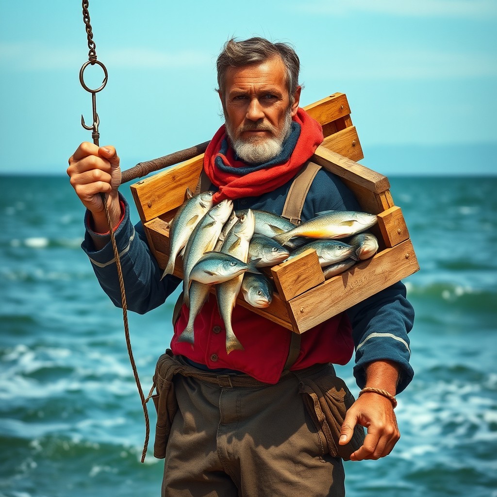 A vintage marine scene featuring a rugged fisherman wearing a traditional nautical outfit