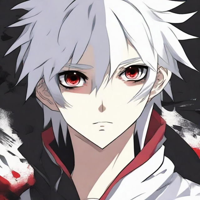 Anime-style 16/17 year old boy with half black, half white hair, one red eye and one white eye