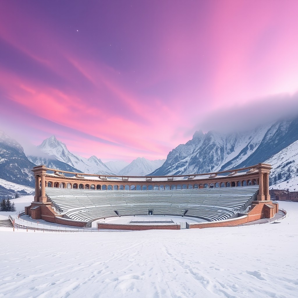 A snow-covered gladiatorial arena set in majestic mountains, illuminated by a stunning violet-pink sky