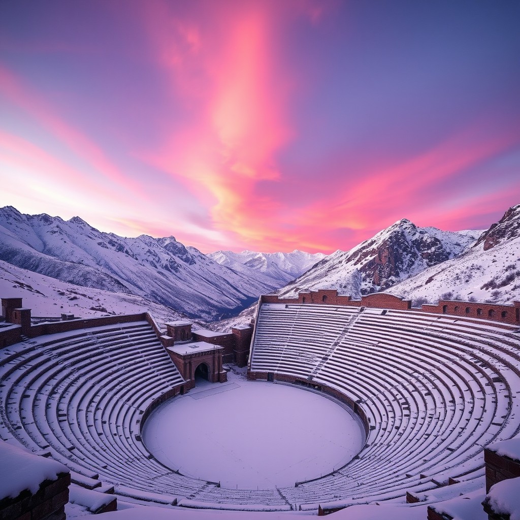 A tranquil snow-covered gladiatorial arena nestled in the mountains, with a breathtaking violet-pink sky casting a magical glow over the scene
