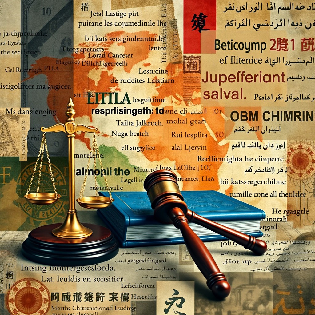 An artistic representation of jurisprudence concepts in a foreign language, featuring classic legal symbols such as scales of justice, law books, and a gavel