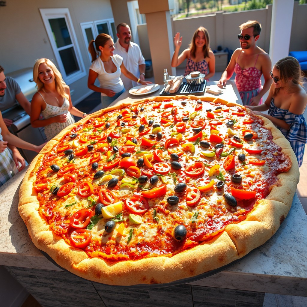 A giant pizza being prepared in a sunny outdoor kitchen, with a vibrant array of fresh toppings like colorful bell peppers, juicy tomatoes, and shiny olives