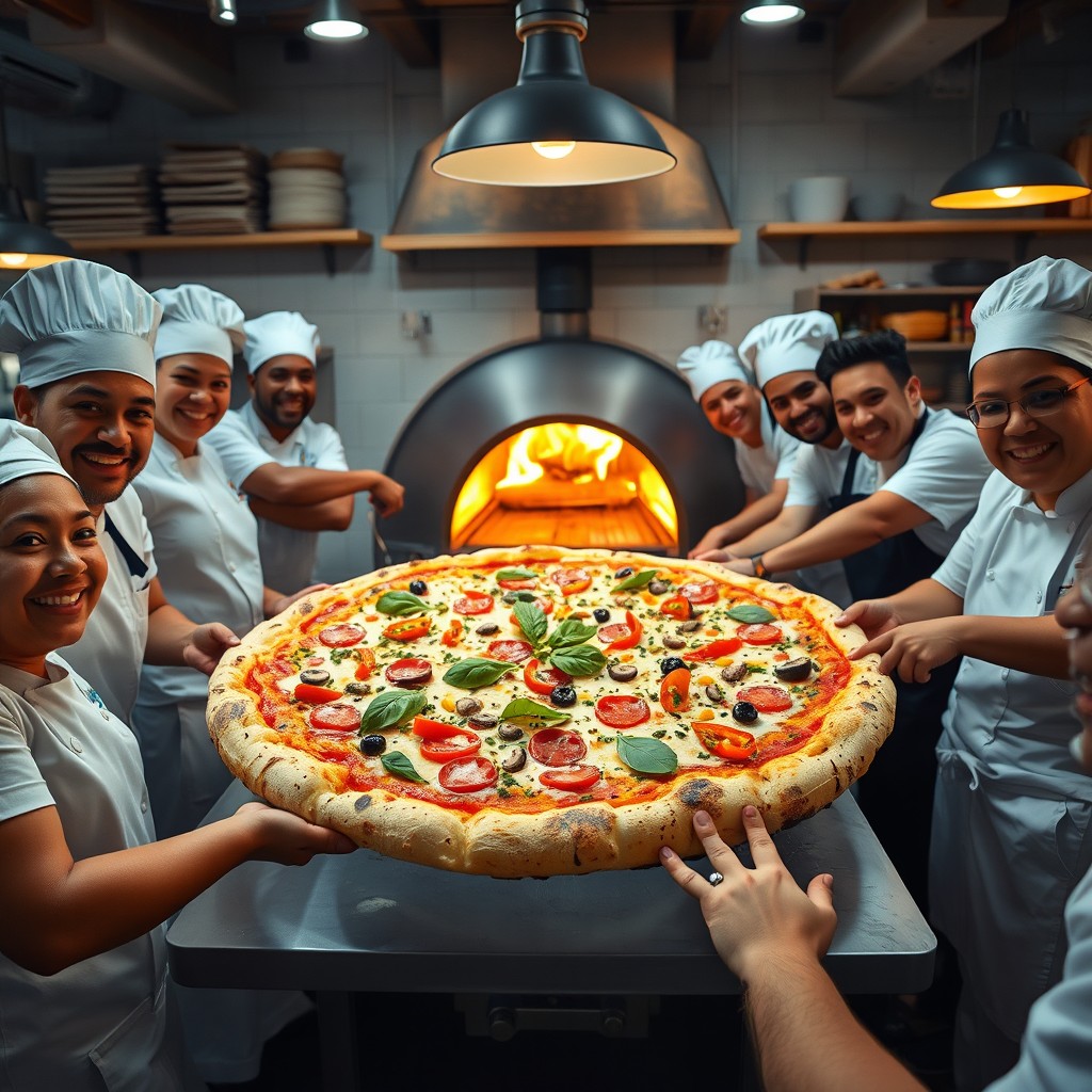 A vibrant scene of workers enthusiastically preparing a giant pizza in a busy pizzeria