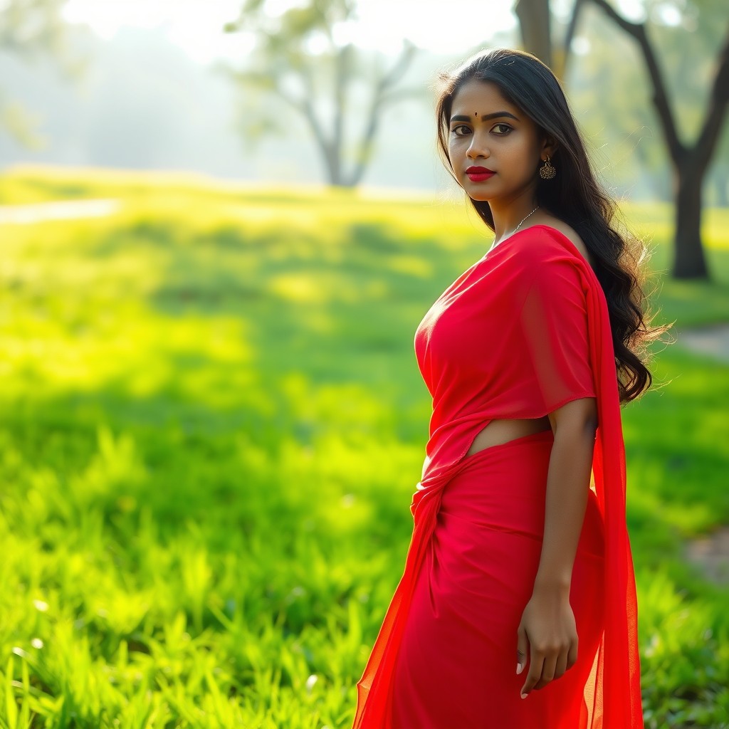 A beautiful Indian woman standing in a sunlit park, wearing a bright red saree that elegantly drapes over her curvy figure
