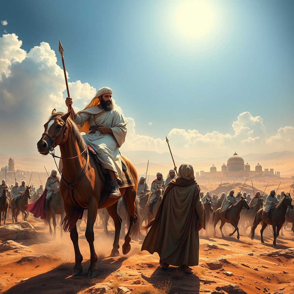 A dramatic and historical depiction of the Battle of Badr, focusing on the Prophet Muhammad (PBUH) leading his followers with conviction and strength