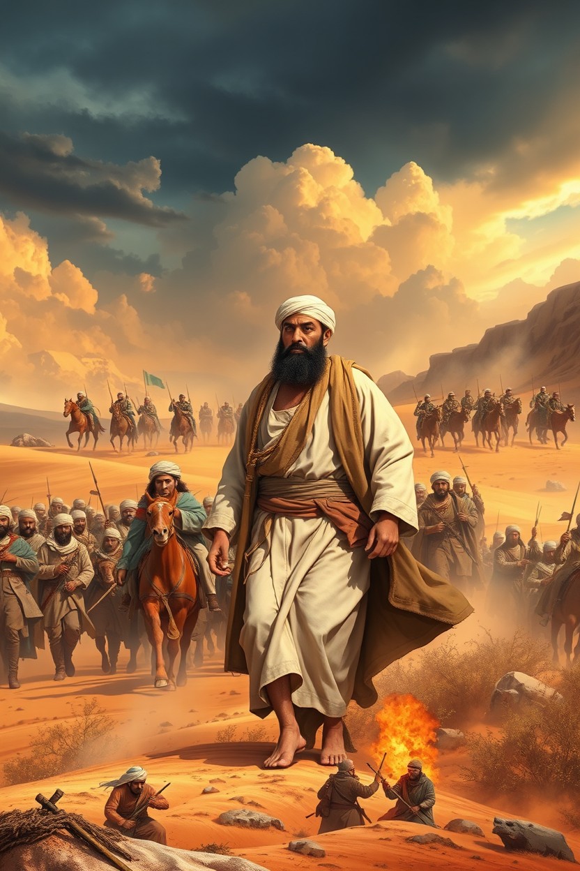 A historical depiction of the Battle of Badr featuring the Prophet Muhammad (peace be upon him) at the forefront, leading his followers with determination and faith