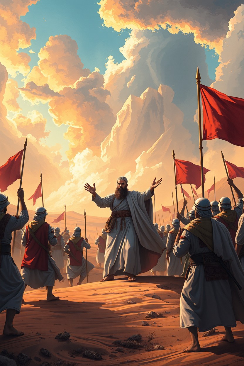 An artistic illustration representing a historical scene from the Battle of Badr, featuring a powerful depiction of the Prophet Muhammad (PBUH) in a majestic stance, surrounded by his companions