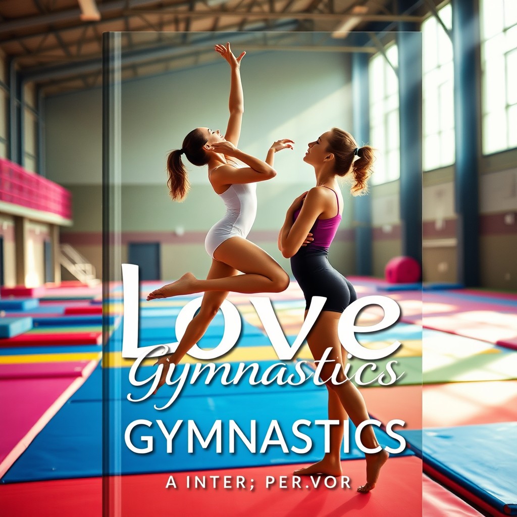 A captivating book cover featuring two athletic female gymnasts in a romantic embrace, showcasing their strength and elegance