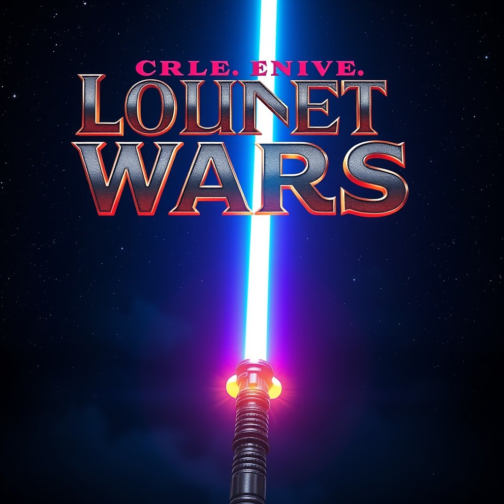A vibrant and captivating scene featuring a glowing lightsaber positioned elegantly beneath an ornate lettering that reads a powerful phrase