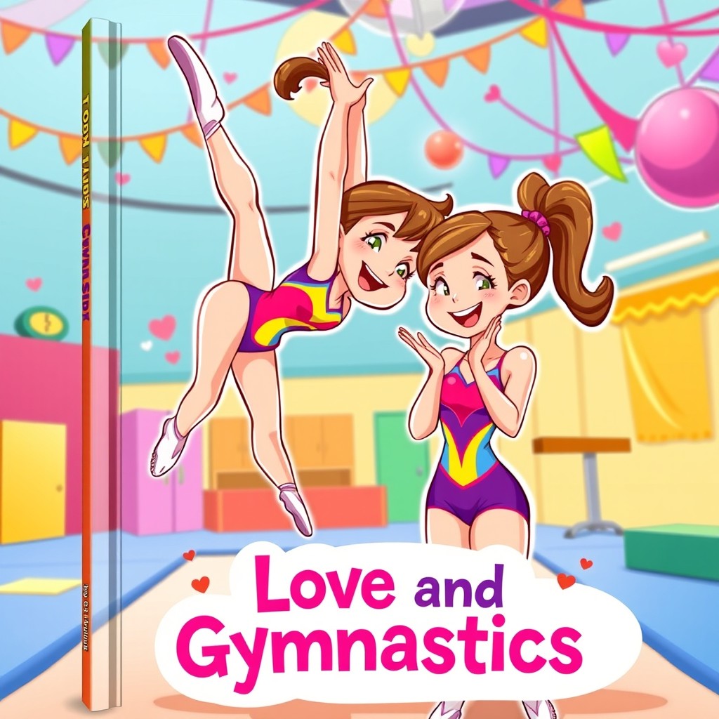 A vibrant cartoon-style book cover featuring two female gymnasts in a romantic pose