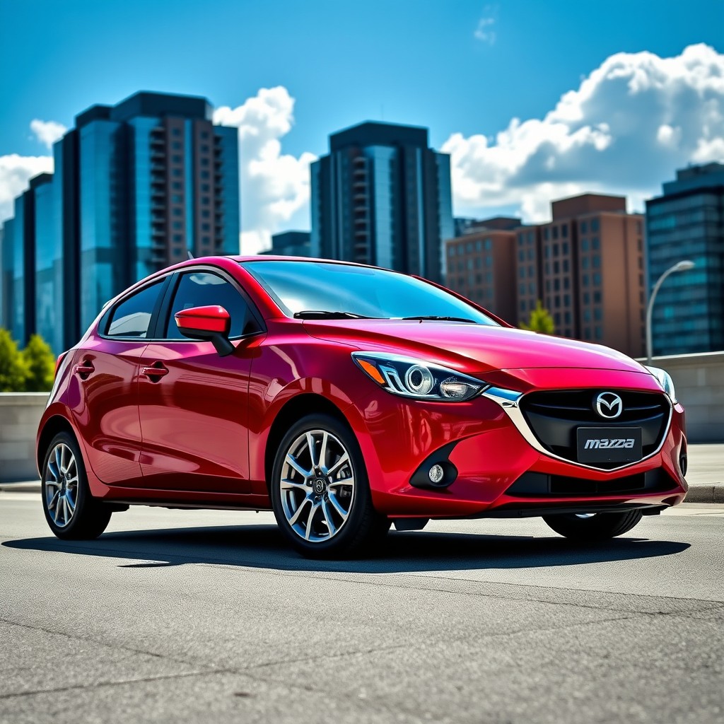 A sleek and modern Mazda 2, Model 1, showcasing its dynamic lines and sporty design