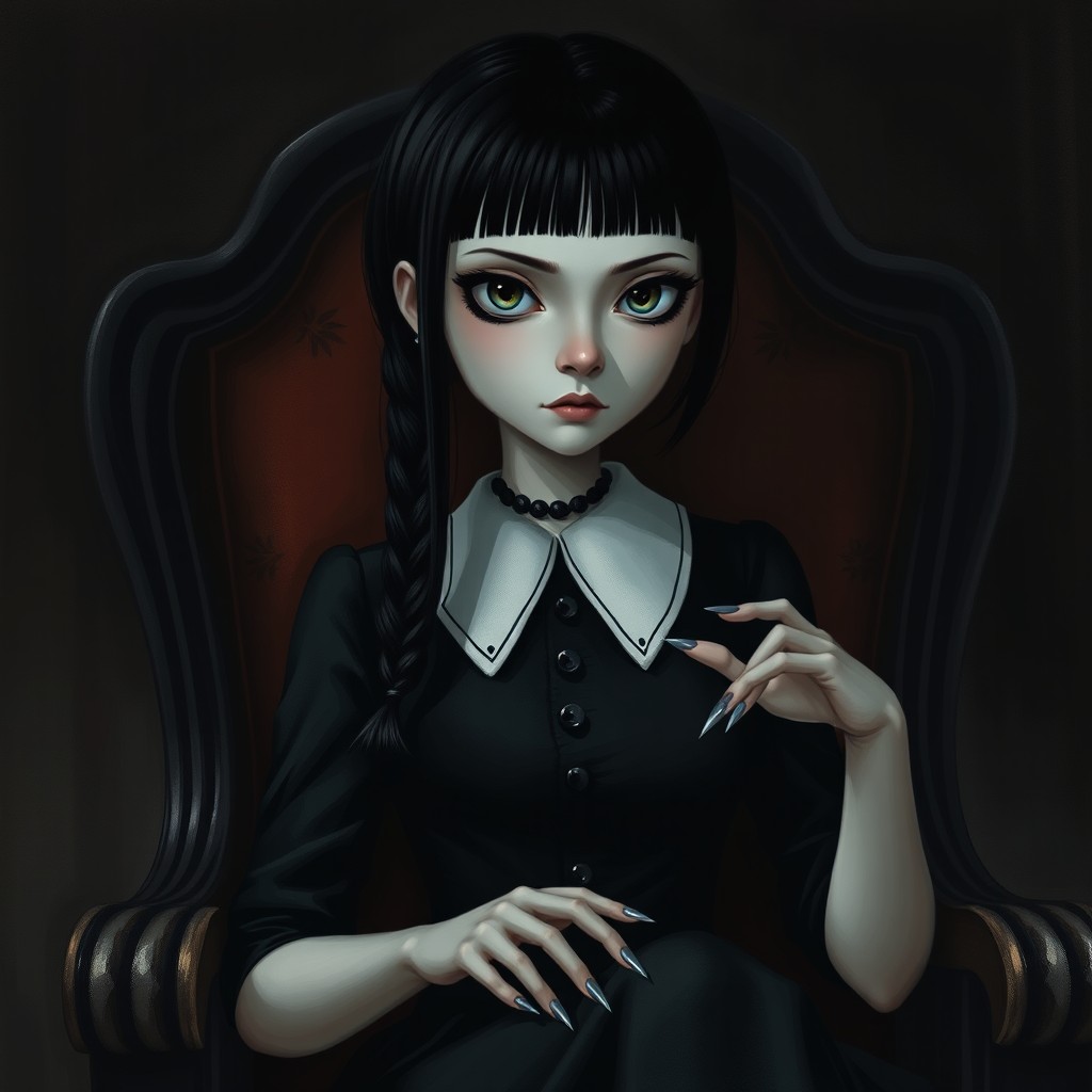 A dark and moody portrait of a character inspired by Wednesday Addams, featuring her iconic straight black hair, pale skin, and signature braided hairstyle