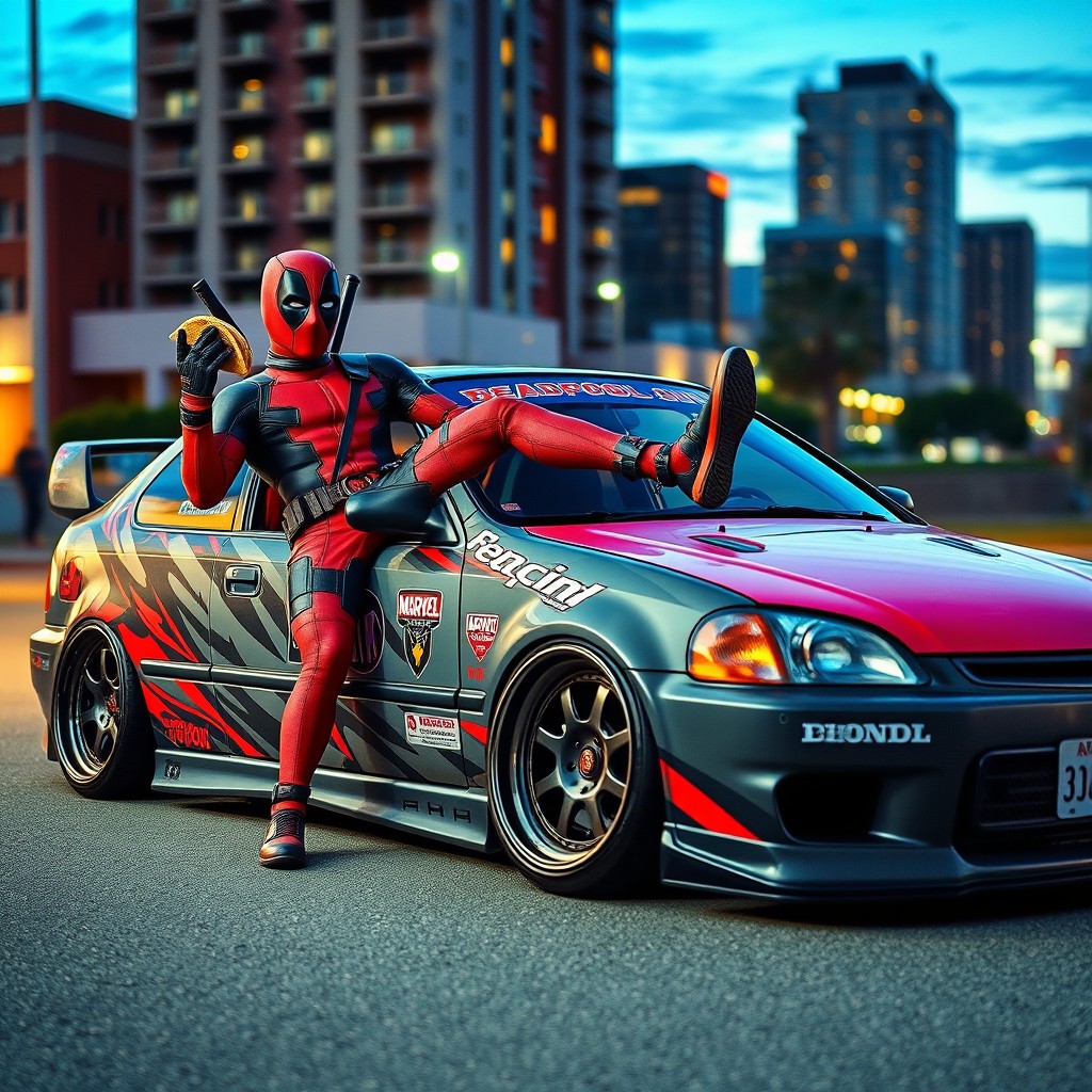 A dynamic scene featuring Deadpool in a custom 1999 Honda Civic, showcasing his iconic red and black suit with his signature mask