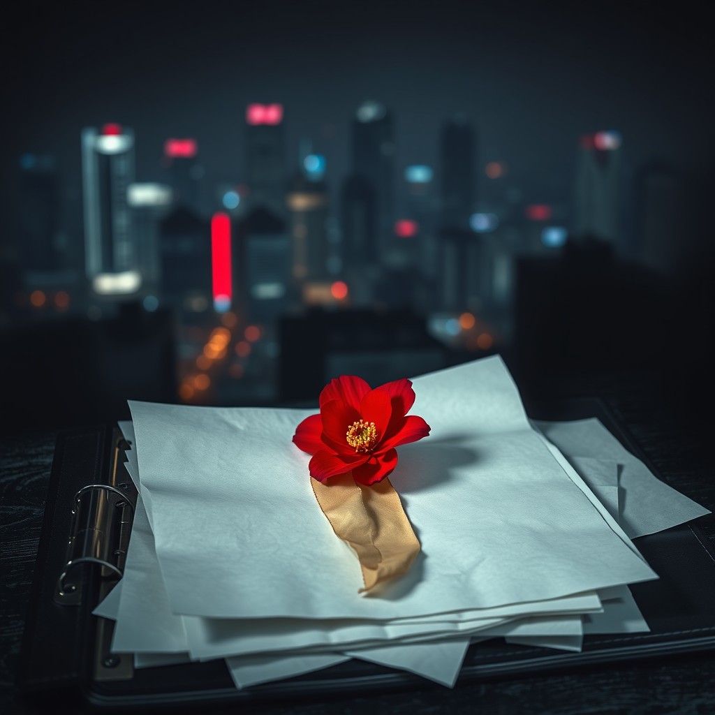 A dark and enchanting cover, featuring the silhouette of a Korean city at night in the background, with blurred red and blue neon signs resembling mirages
