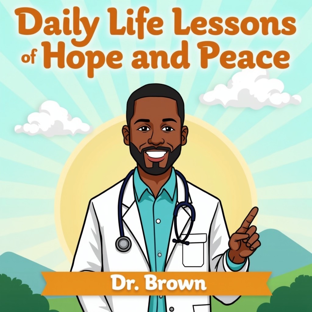 A vibrant podcast cover titled 'Daily Life Lessons of Hope and Peace' featuring a smiling cartoon depiction of Dr