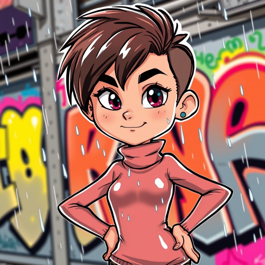 A vibrant cartoon illustration featuring a fashionable character wearing a wet-look turtleneck