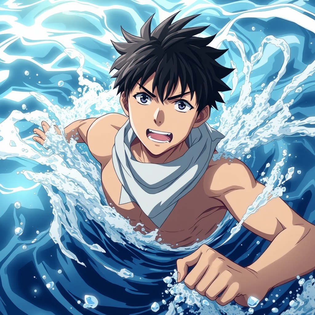 An intense anime scene featuring a teenage boy struggling in water, with dramatic splashes surrounding him