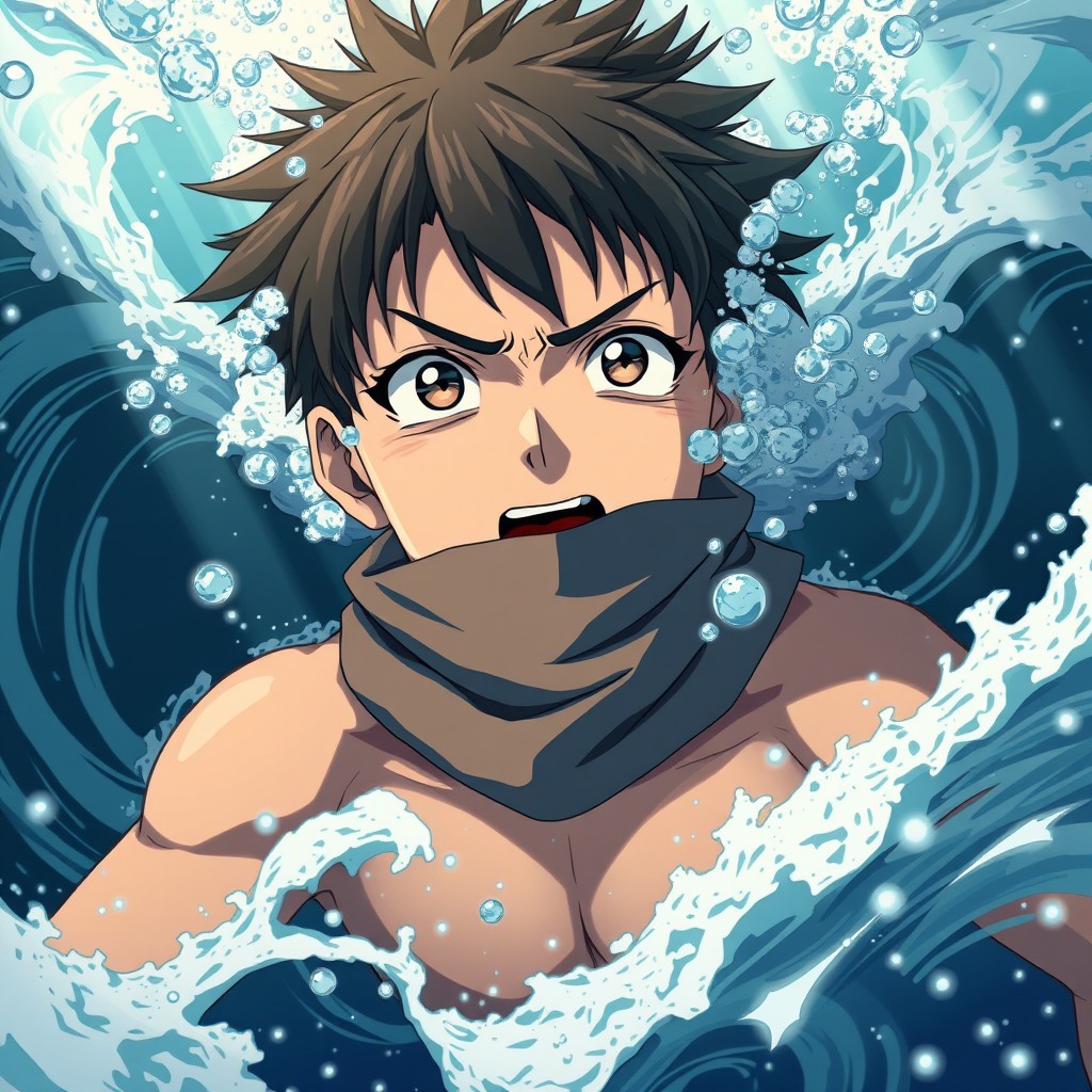 An intense anime scene depicting a teenage boy struggling underwater, enveloped by swirling waves