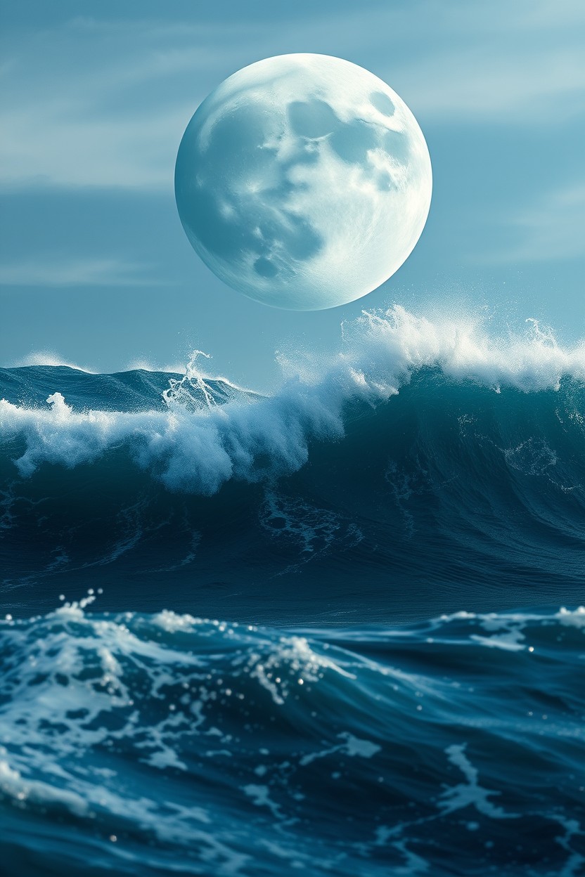 A colossal and dynamic ocean with enormous, continuous waves crashing forcefully, creating slow-motion splashes