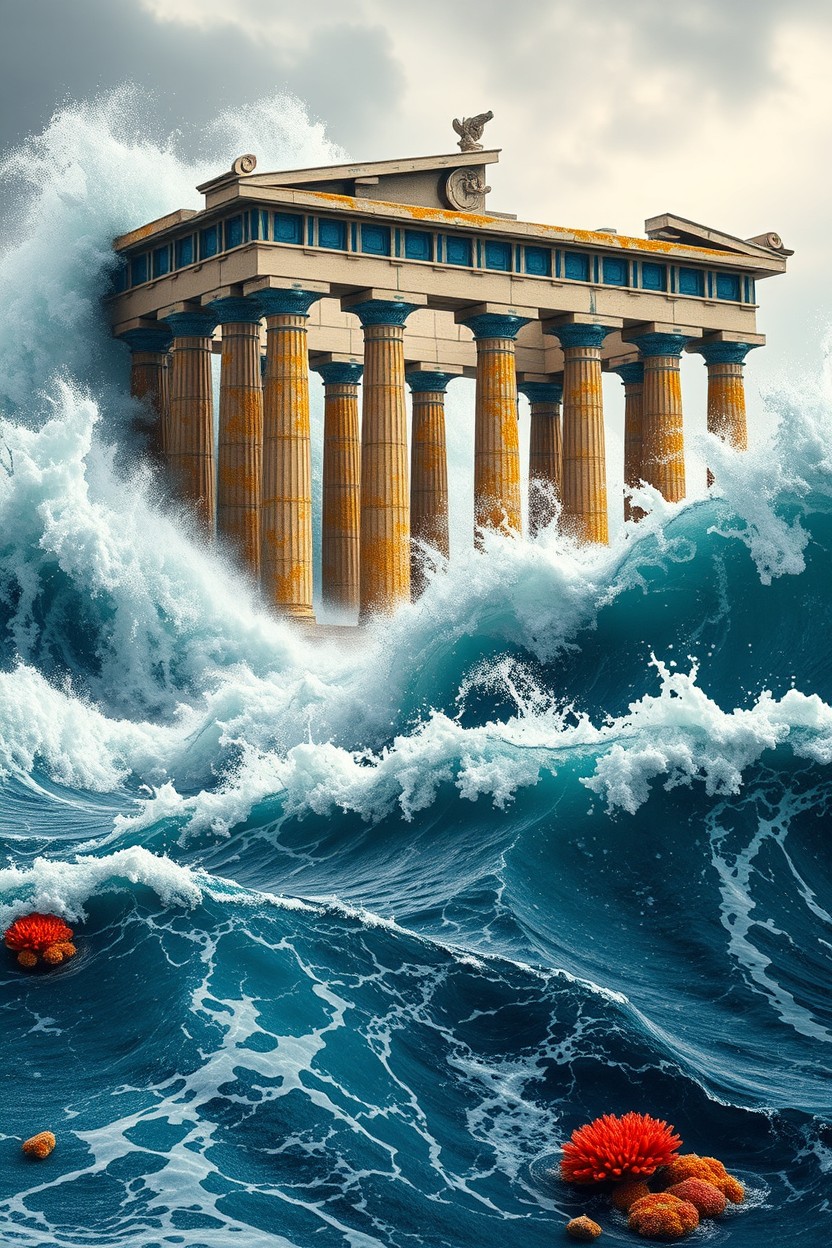 A dramatic scene of a violently agitated sea with towering waves crashing against a monumental Greek temple adorned in blue and gold details