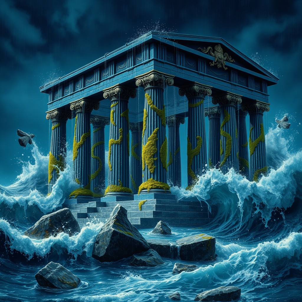 A dramatic night scene depicting a monumental Greek temple, predominantly blue with aquatic, wavy golden details