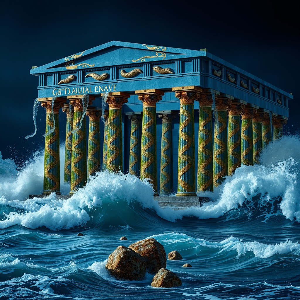 A monumental Greek aquatic sanctuary at night, with violently agitated waves crashing around it