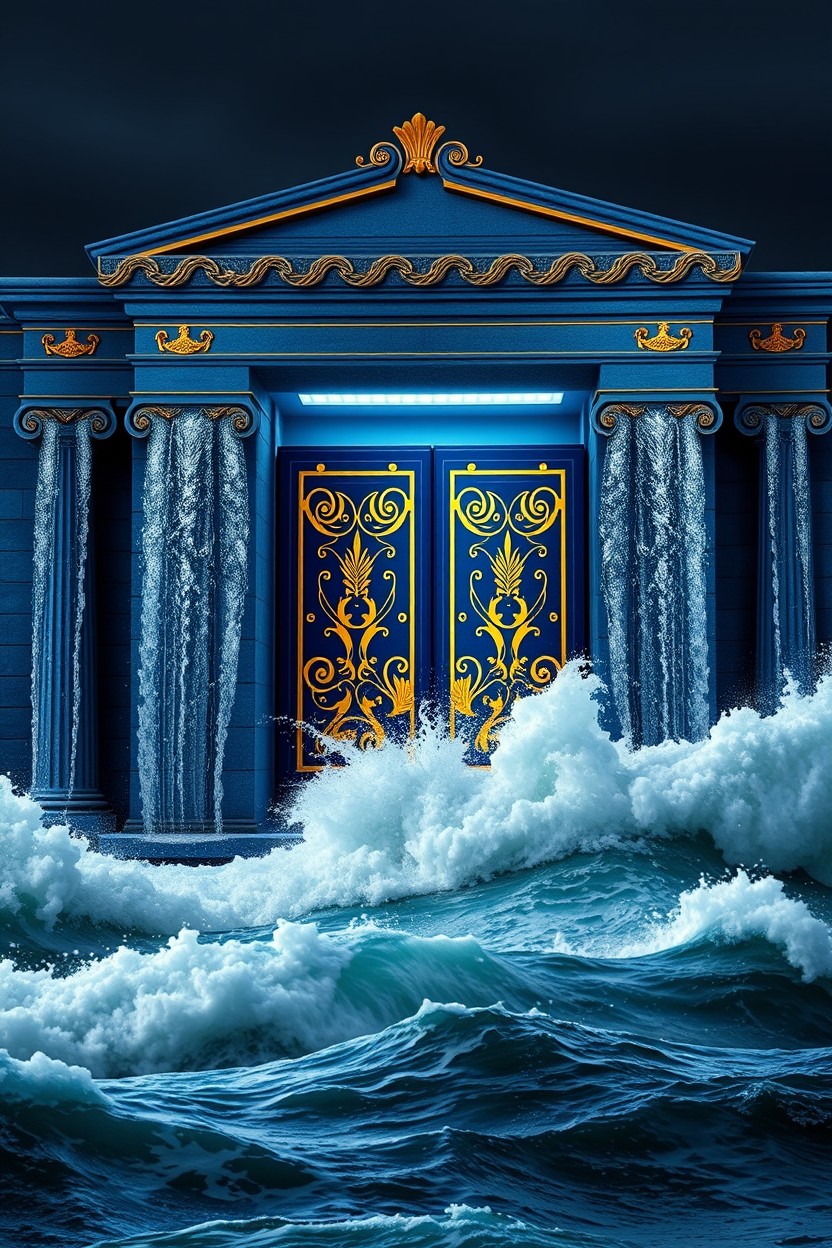 A monumental Greek water palace at night, set against a backdrop of violently churning sea waves