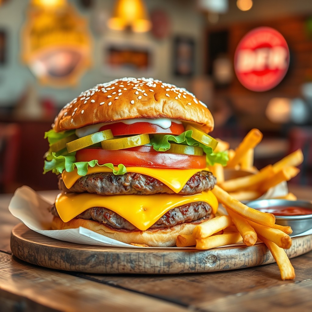 A delicious cheeseburger with a perfectly cooked beef patty, melted cheddar cheese, fresh lettuce, ripe tomato slices, crunchy pickles, and a dollop of mayonnaise, all nestled between a toasted sesame seed bun