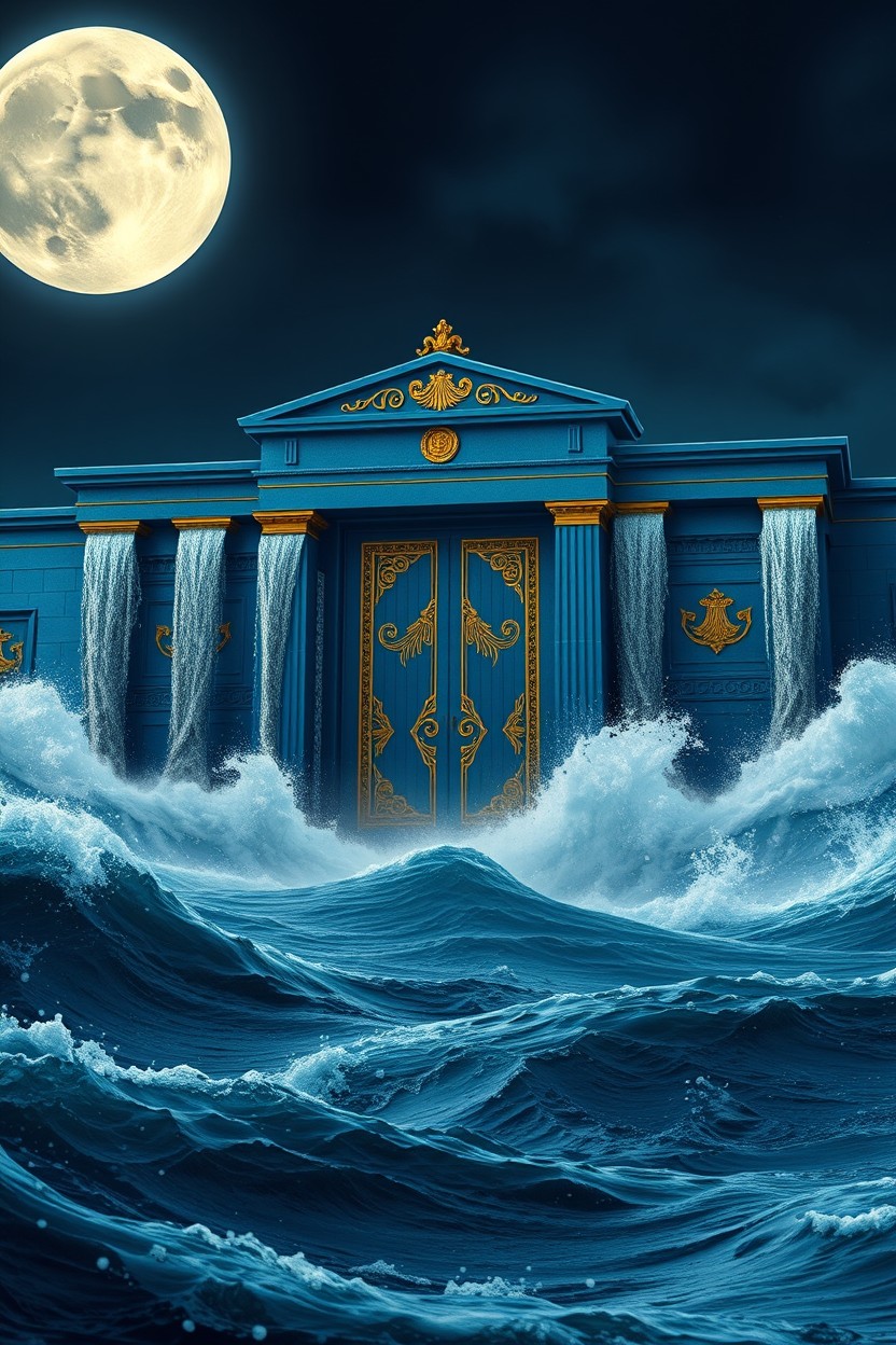 A colossal Greek aquatic palace in deep blue with golden wavy aquatic details, set against a violent sea at night with a mega gigantic moon lighting up the entire sky